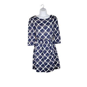Boden Knee Length Blouson Dress Blue White Spade 3/4 Sleeve Petite Size 4P